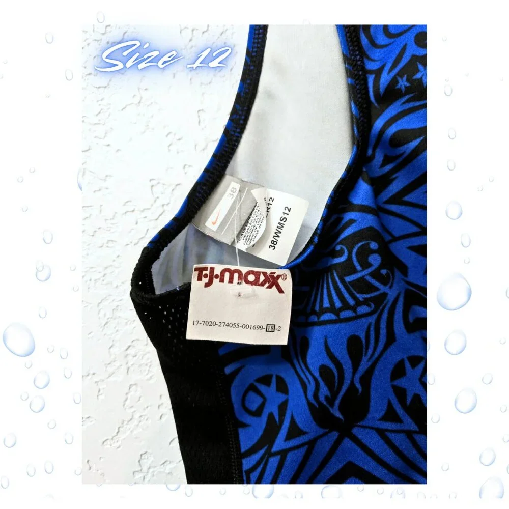 Nike One Piece Swimsuit Size 12 Blue Black Racerback Zip Athletic Bathing Suit